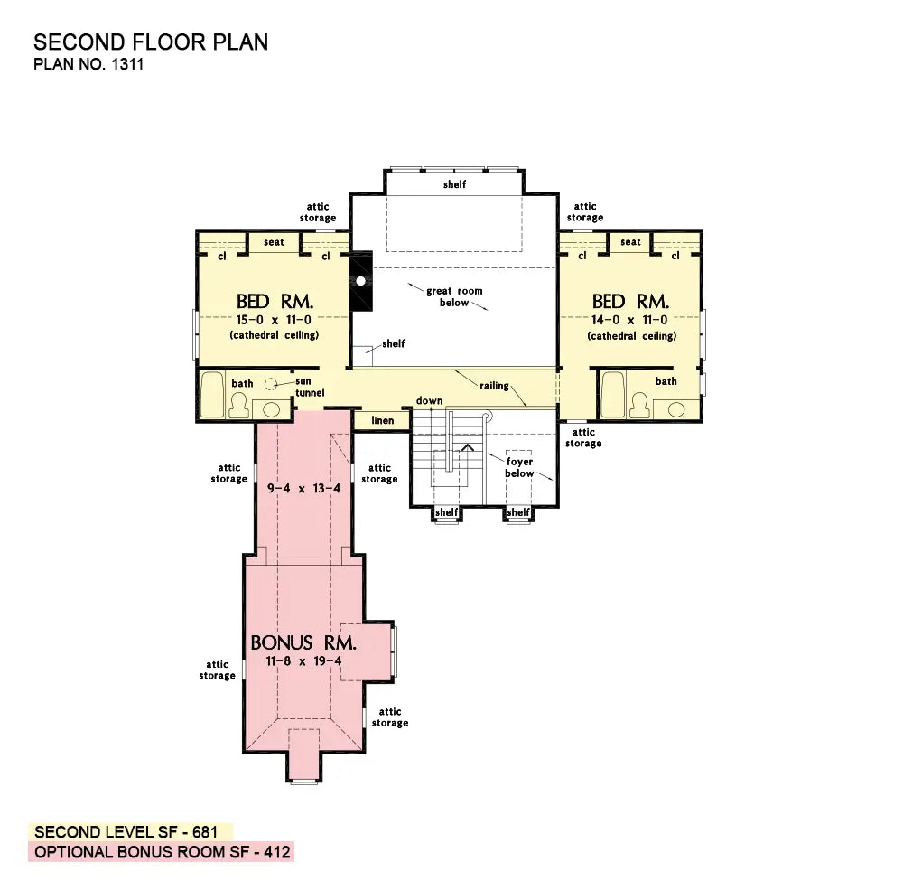 This is the second floor plan image for narrow lot house plan 1311 The Tristan