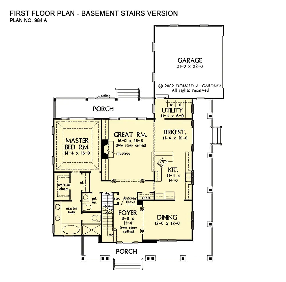 This is the first floor plan image for country house plan 984 The Trotterville if the home is built over a basement