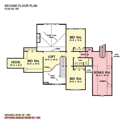 Second-floor floor plan with bonus room. The Trudeaux plan 487.