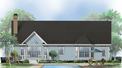 This is an illustration of the rear of ranch house plan 813 The Truesdale