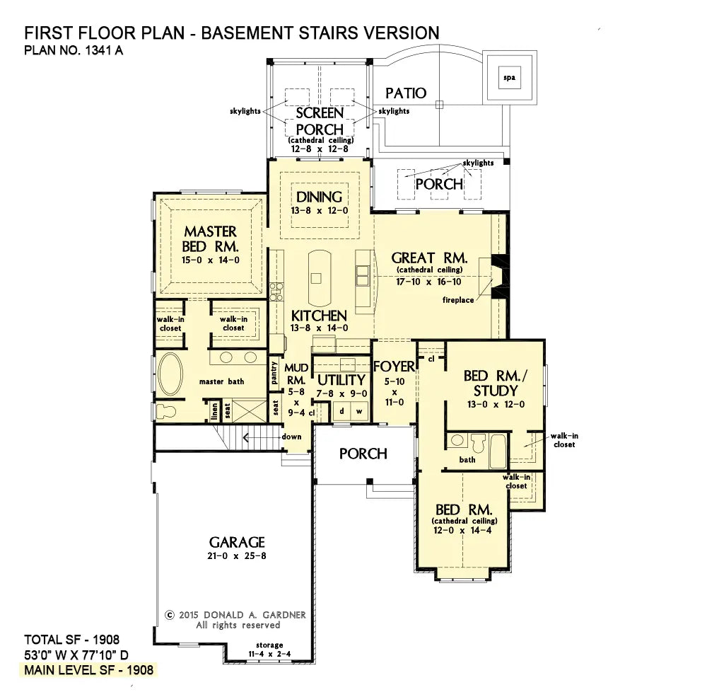 This is the first floor plan image for house plan 1341 The Tucker if the home is built over a basement