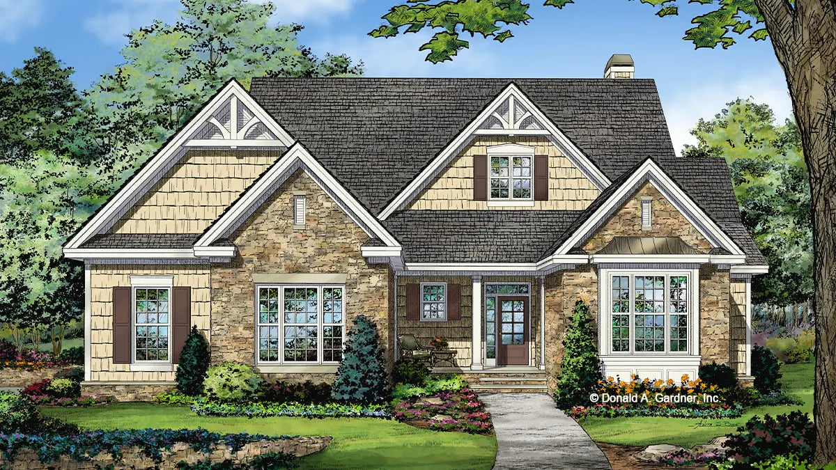 This is an illustration of the front of Small Craftsman house plan 1341 The Tucker