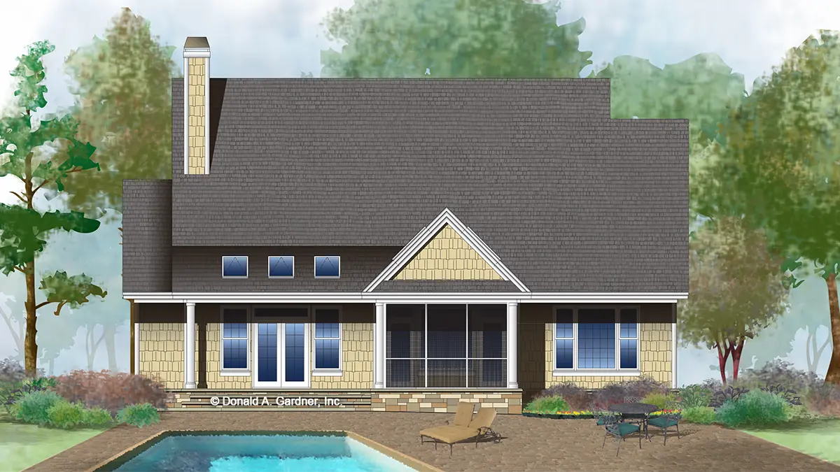 This is an illustration of the rear of house plan 1341 The Tucker