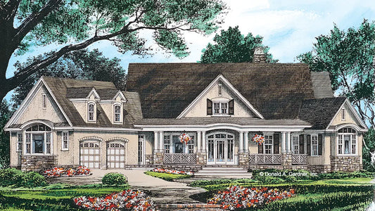 This is an illustration of the front of four bedroom house plan 877 The Tuscany 