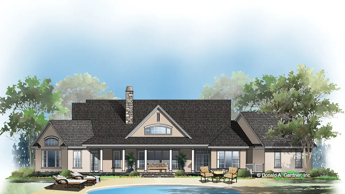 This is an illustration of the rear of family house plan 877 The Tuscany