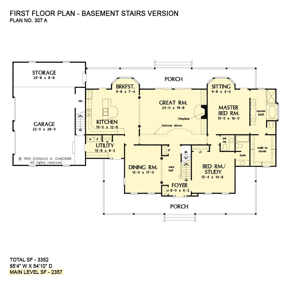 This is the first floor plan image for farmhouse plan 307 The Tyndal if the home is built over a basement