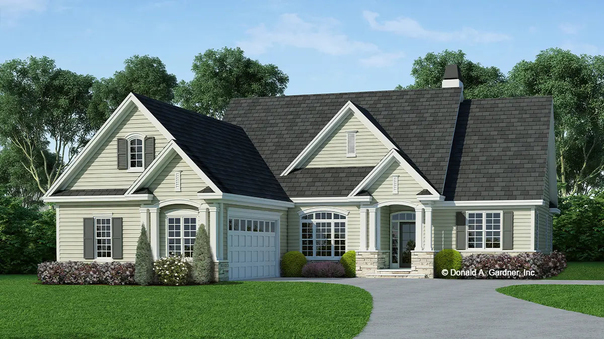 This is an illustration of the front of one story house plan 1055 The Unison Creek