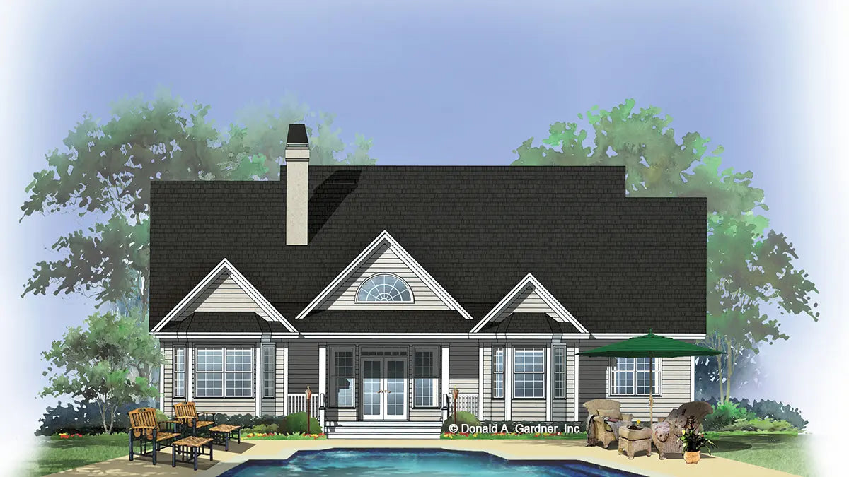 This is an illustration of the rear of craftsman house plan 1055 The Unison Creek