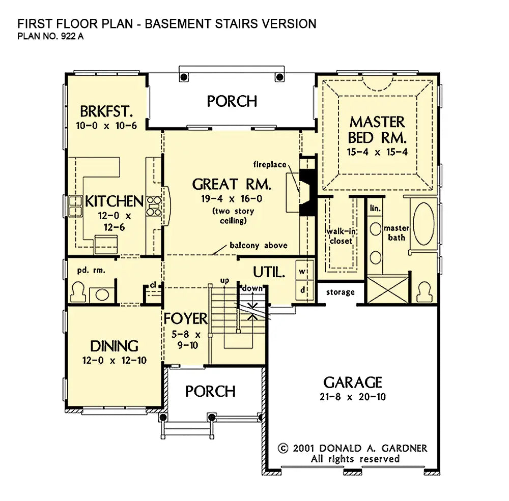 This is the first floor plan image for narrow lot house plan 922 The Upright if the home is built over a basement