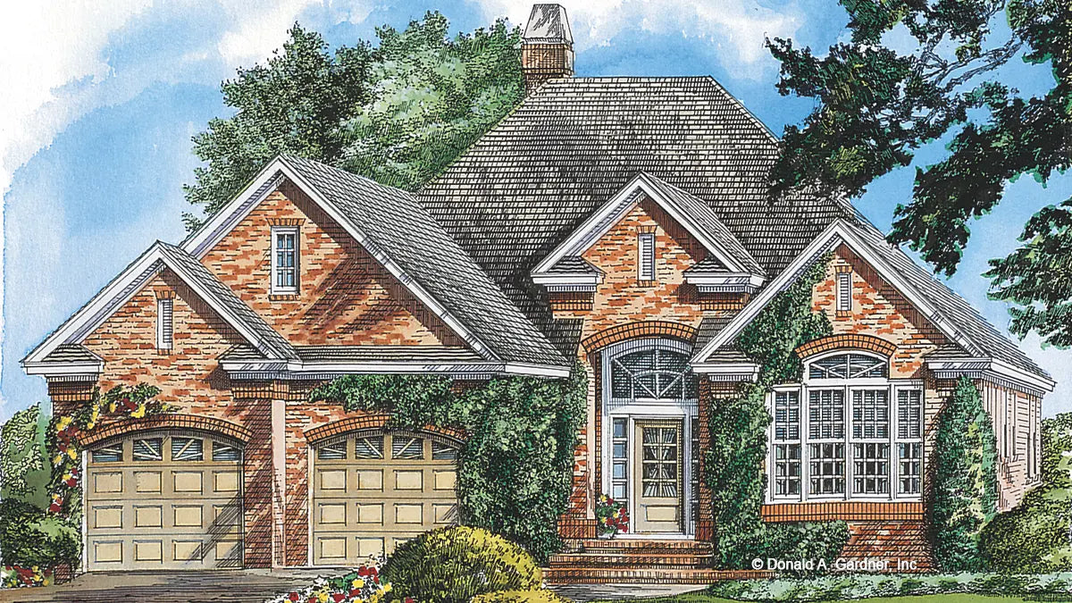 This is an illustration of the front of one story house plan 938 The Upton 