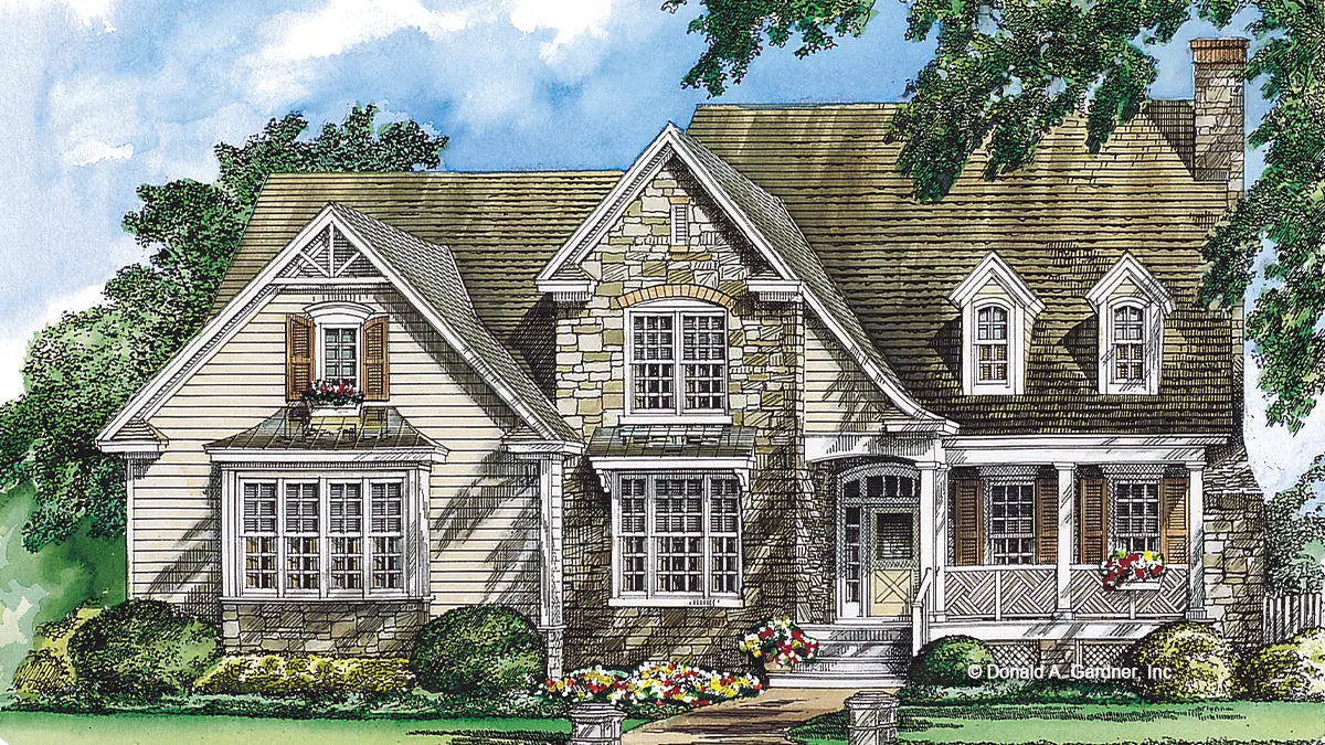 This is an illustration of the front of two story house plan 936 The Verdigre