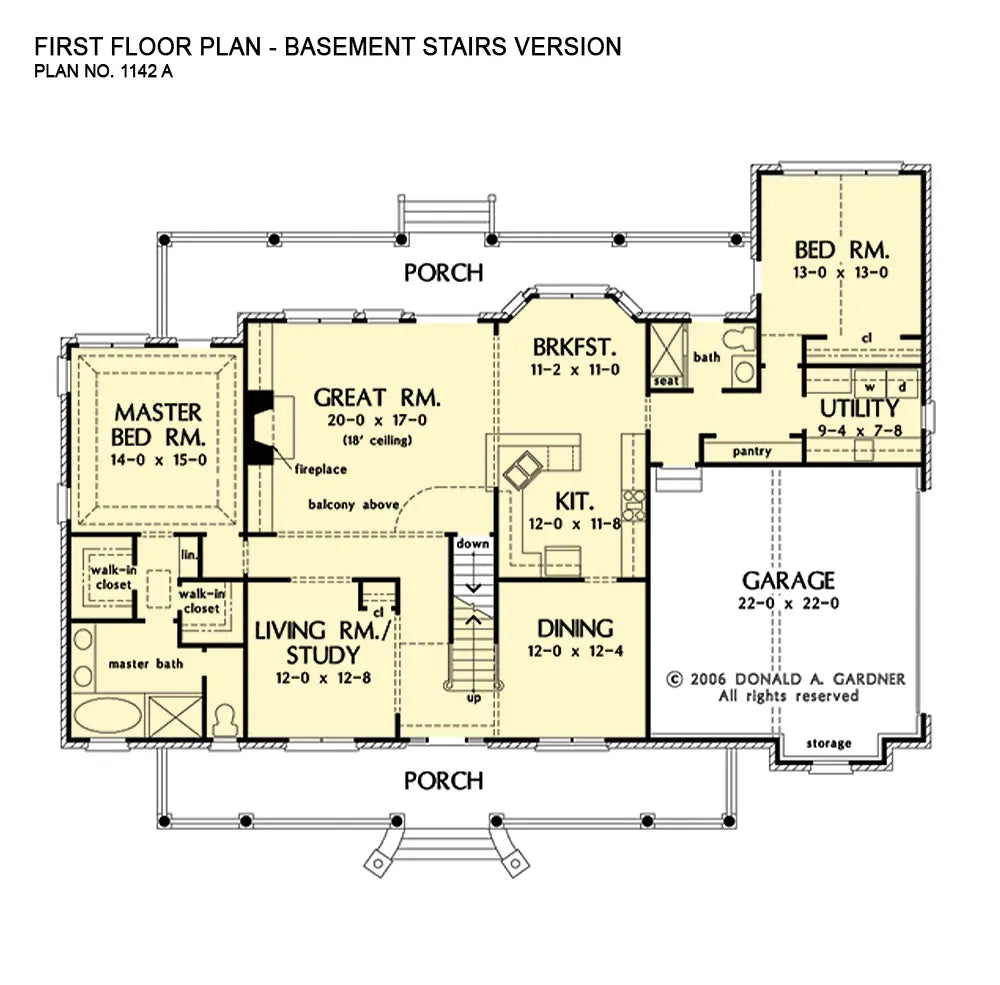 This is the first floor plan image for farmhouse house plan 1142 The Vernon Downs if the home is built over a basement