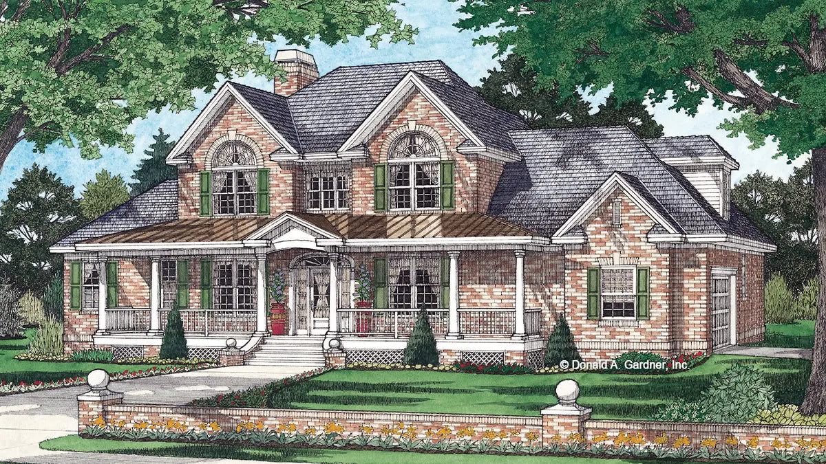 This is an illustration of the front of brick house plan 1142 The Vernon Downs