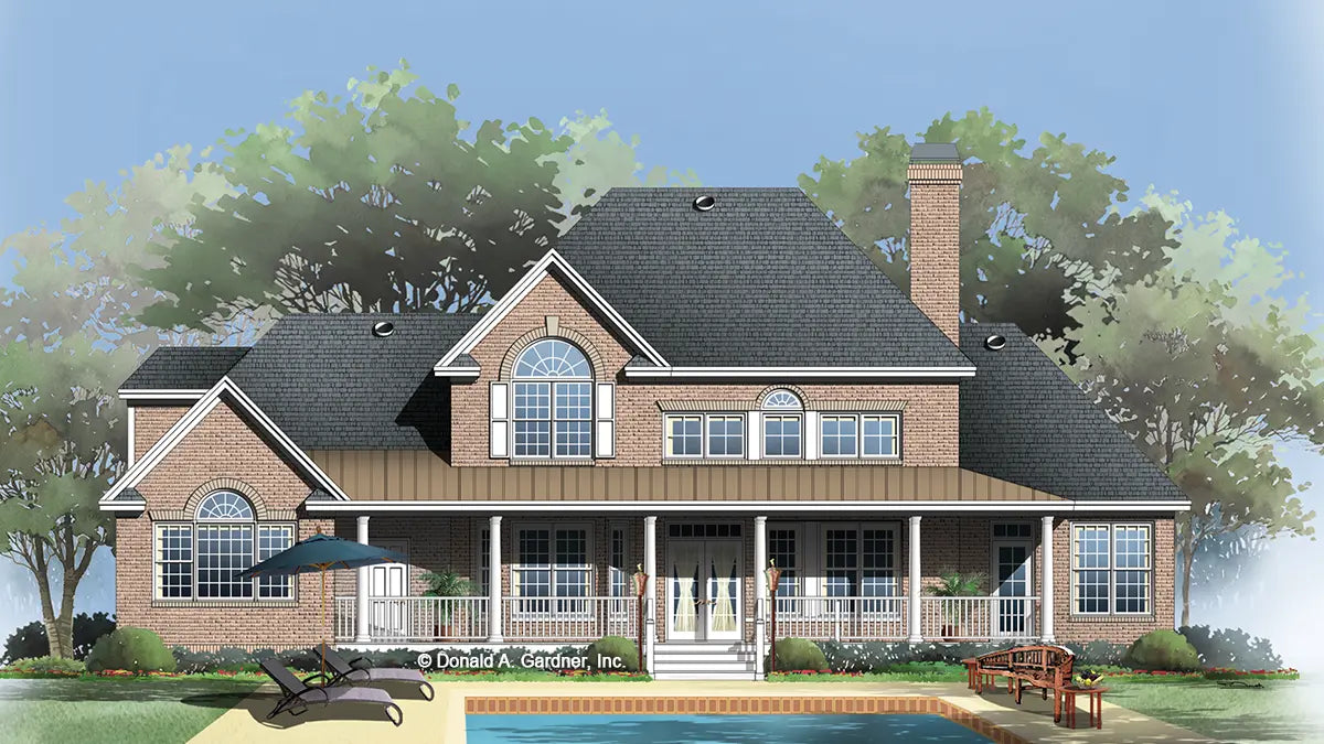 This is an illustration of the rear of farmhouse house plan 1142 The Vernon Downs