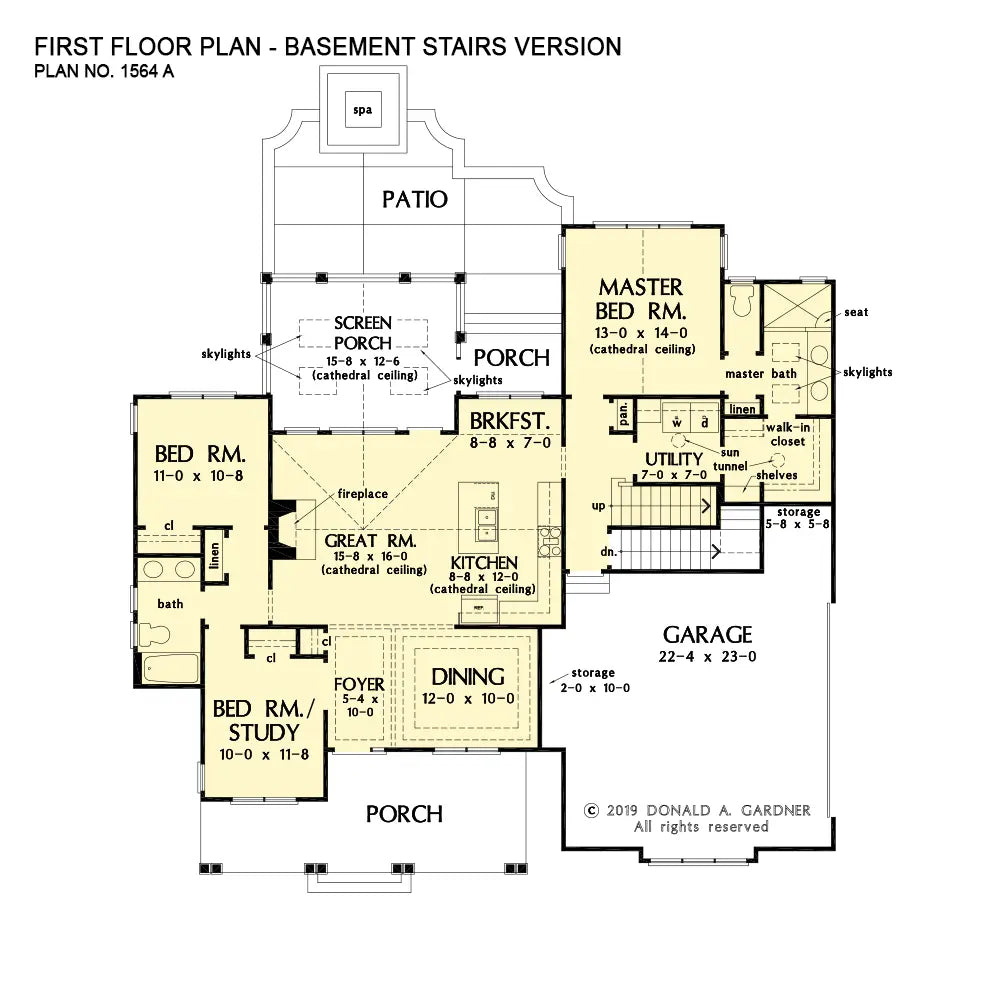 This is the first floor plan image for small house plan 1564 The Virgil if the home is built over a basement