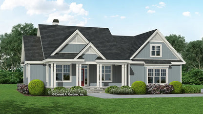 This is an illustration of the front of modern farmhouse house plan 1564 The Virgil