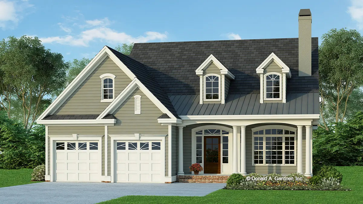 This is an illustration of the front of three bedroom house plan 1063 The Vissage