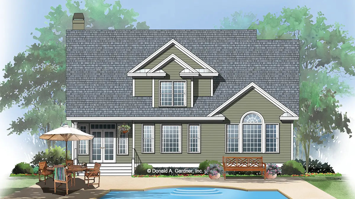 This is an illustration of the rear of two story house plan 1063 The Vissage