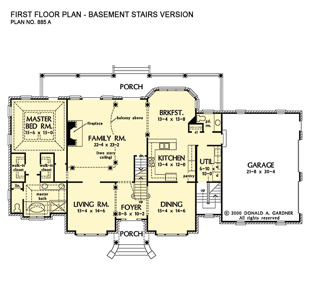 This is the first floor plan image for brick house plan 885 The Wainwright if the home is built over a basement