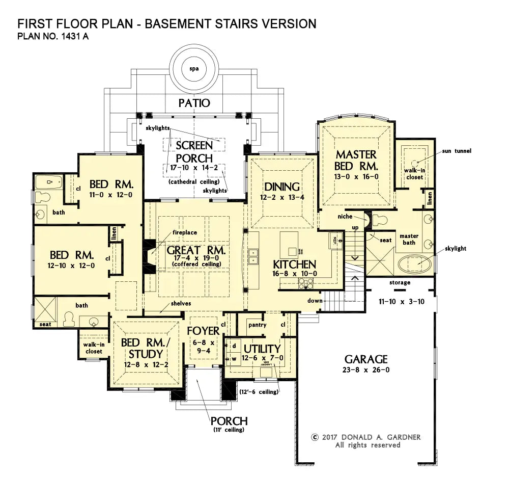 This is the first floor plan image for European house plan 1431 The Waldorf if the home is built over a basement