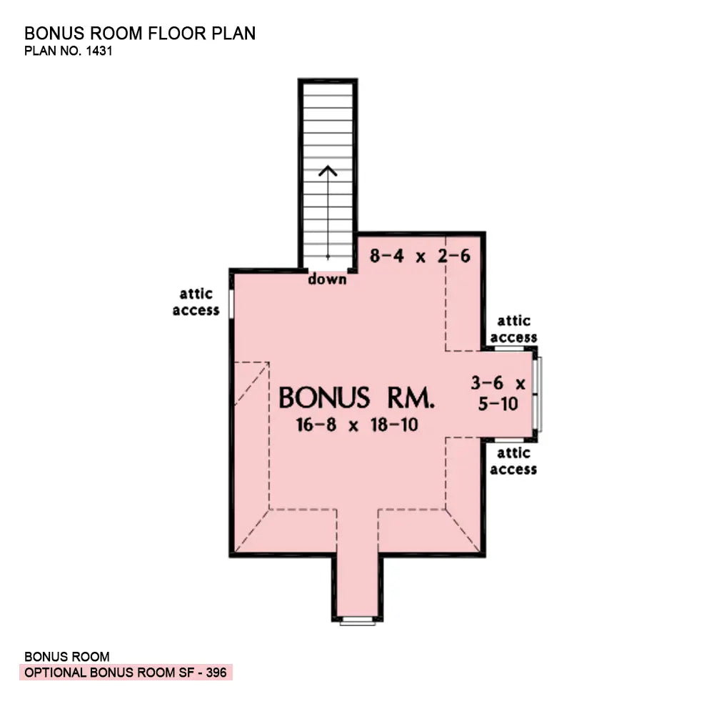 This is the bonus room floor plan image for one-story house plan 1431 The Waldorf