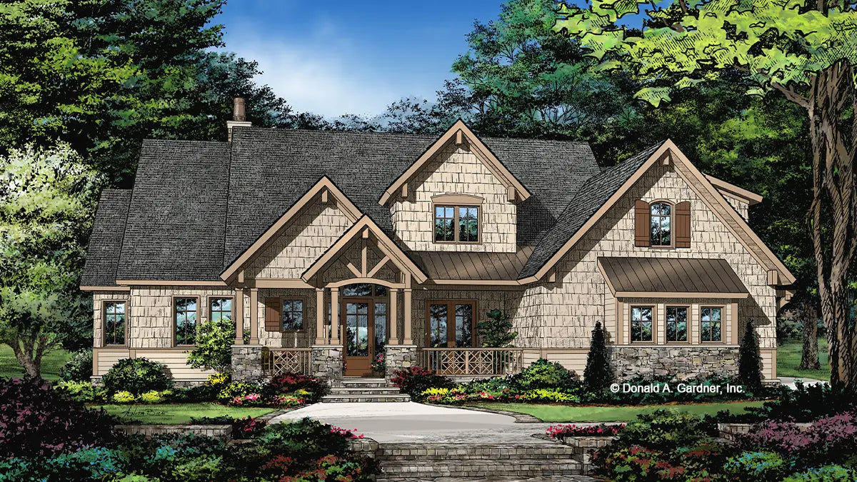 This is an illustration of the front of rustic house plan 1446 The Wallace