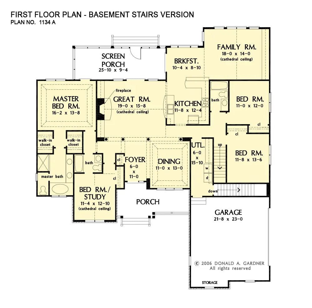 This is the first floor plan image for craftsman house plan 1134 The Walnut Creek if the home is built over a basement