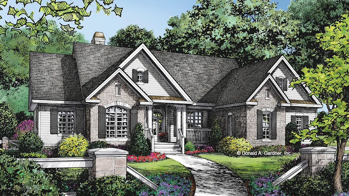 This is an illustration of the front of simple house plan 1134 The Walnut Creek