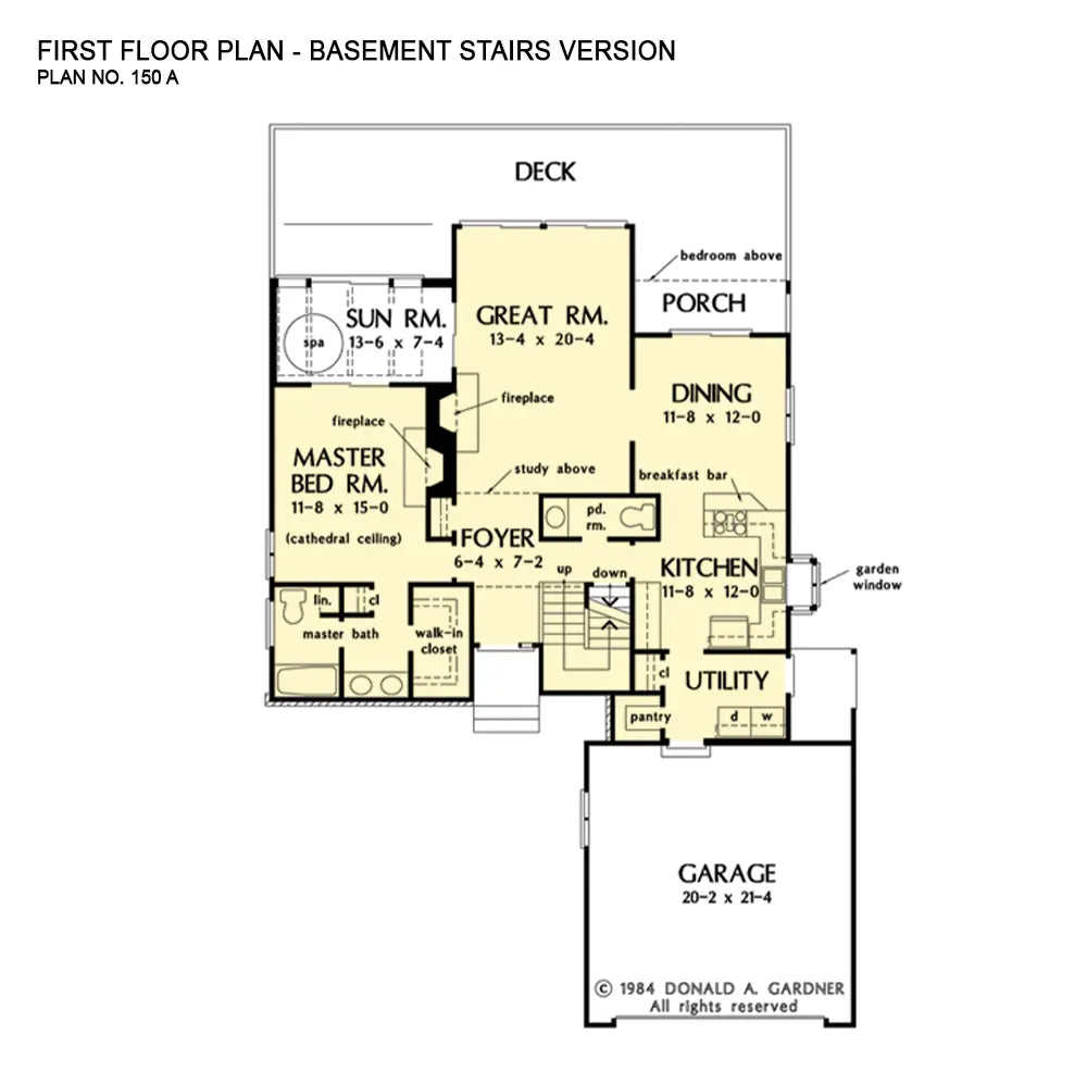 This is the first floor plan image for modern house plan 150 The Warren if the home is built over a basement