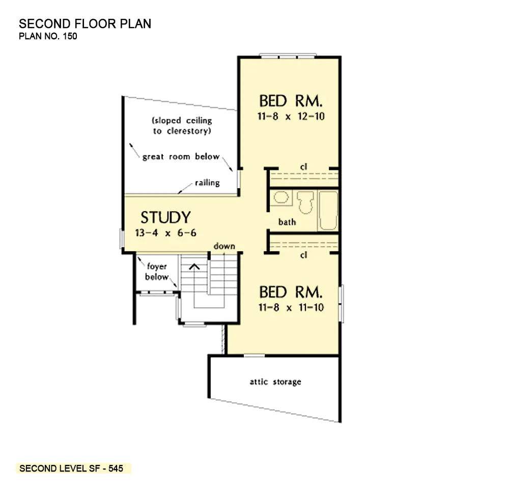 This is the second floor plan image for three bedroom house plan 150 The Warren