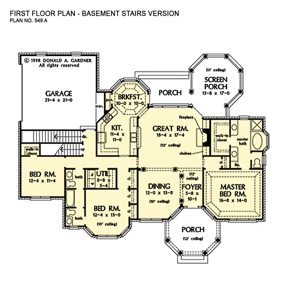 This is the first floor plan image for three bedroom house plan 549 The Waterford if the home is built over a basement