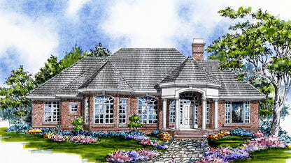 This is an illustration of the front of brick house plan 549 The Waterford