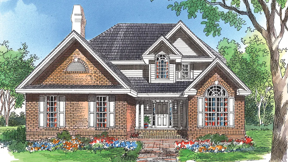 This is an illustration of the front of narrow lot house plan 358 The Watkins