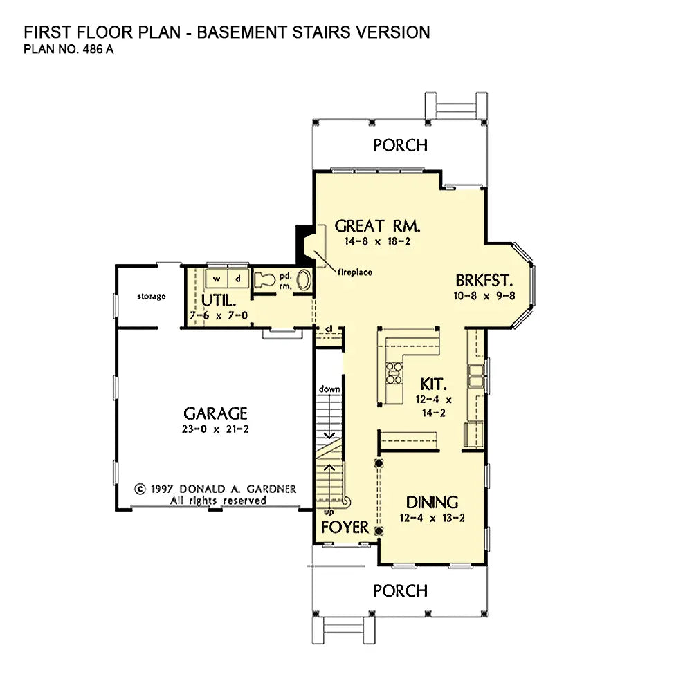 This is the first floor plan image for narrow lot house plan 486 The Waverly if the home is built over a basement