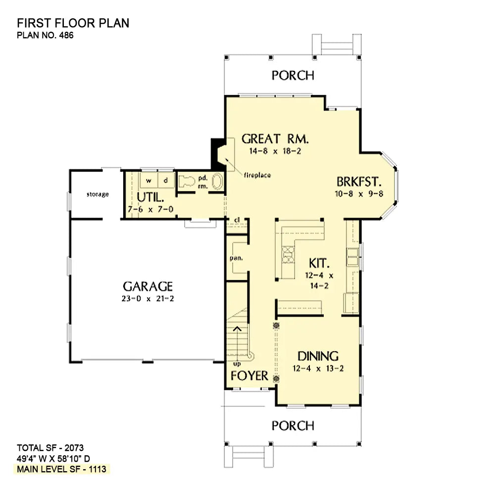 This is the first floor plan image for three bedroom house plan 486 The Waverly