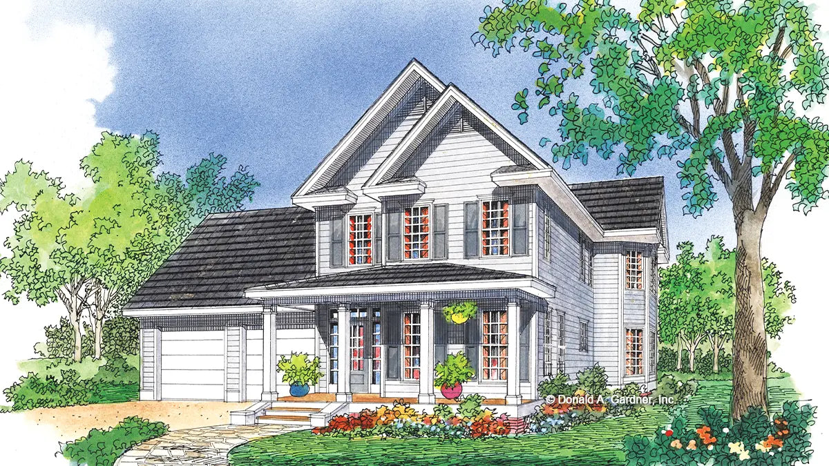 This is an illustration of the front of three bedroom house plan 486 The Waverly