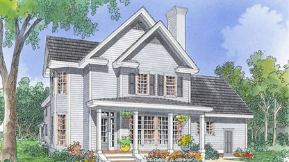 This is an illustration of the rear of narrow lot house plan 486 The Waverly