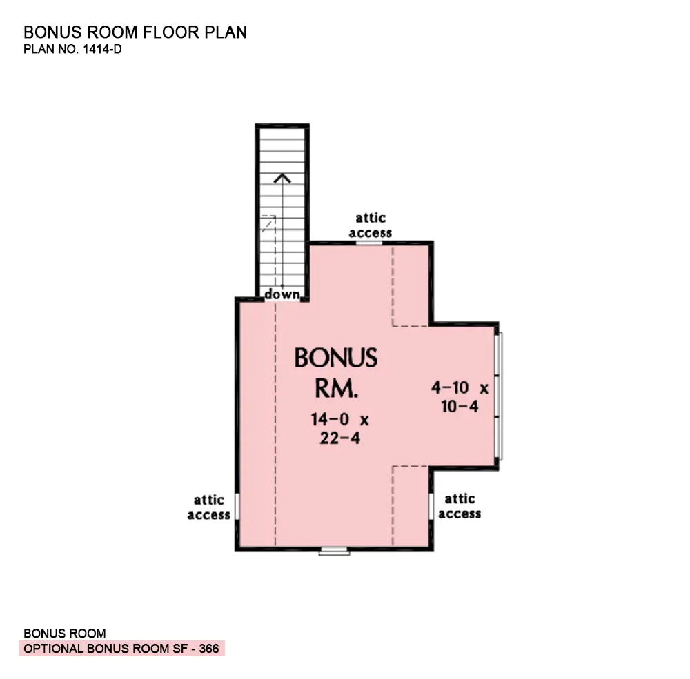 This is the bonus room floor plan image for four bedroom house plan 1414 The Waylon