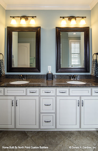 Double sink vanity with separate mirrors. The Weatherford plan 1053.