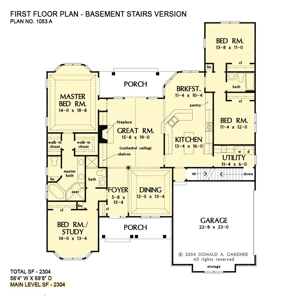 This is the first floor plan image for european house plan 1053 The Weatherford if the home is built over a basement