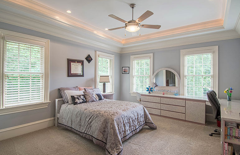 Tray ceiling and ceiling fan in the bedroom. The Wedgewood plan 806.