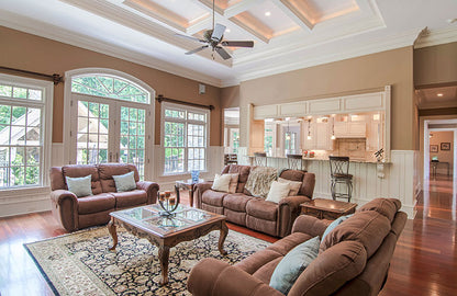 Coffered ceiling and glass French doors in the keeping room. The Wedgewood plan 806.