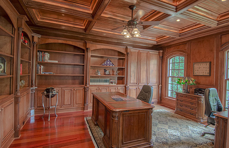 Wood stained coffered ceiling in the study. The Wedgewood plan 806.