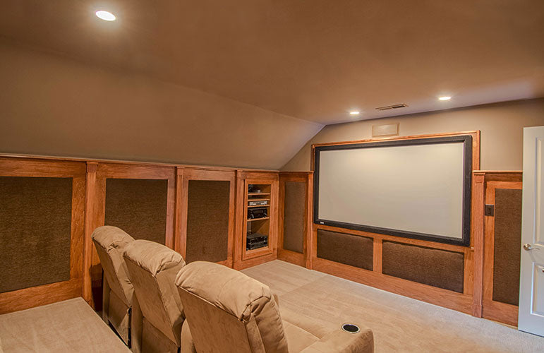 Seating and TV screen in the Theater room. The Wedgewood plan 806.