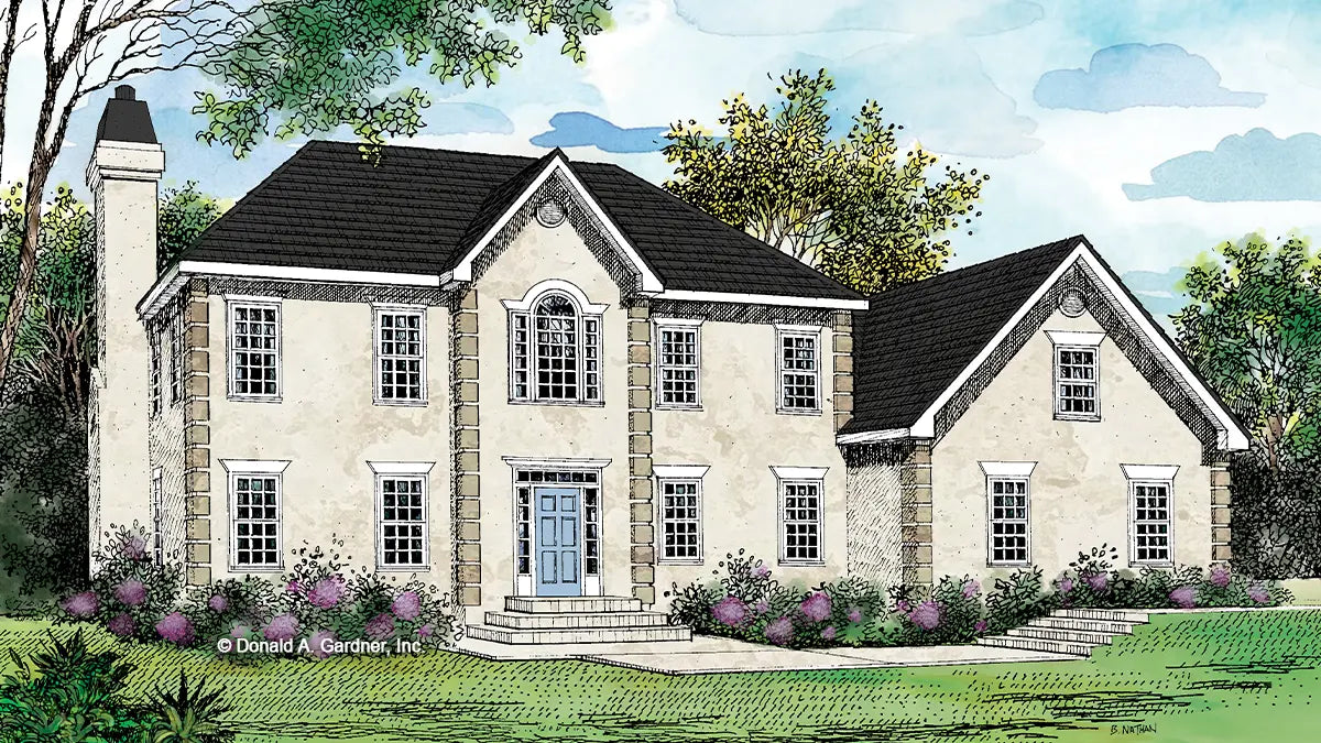 This is an illustration of the front of traditional house plan 217 The Wellford