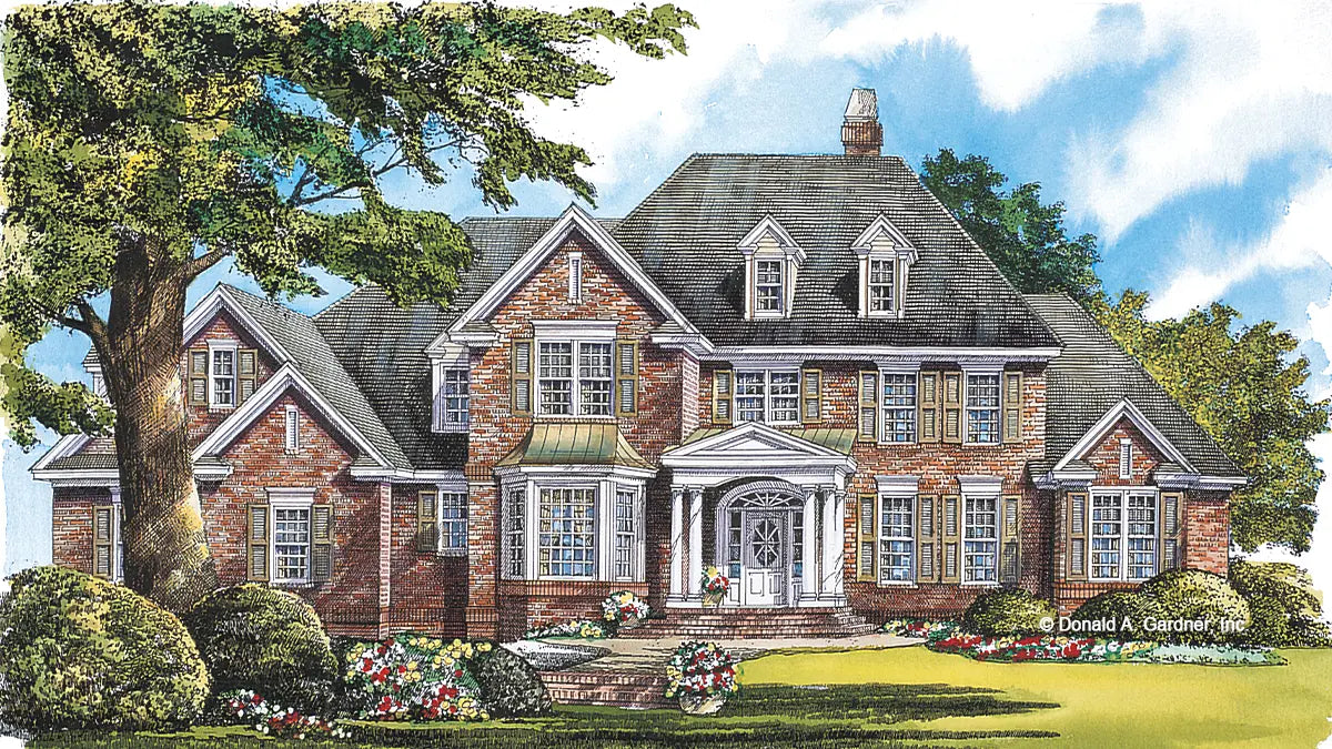 Front view illustration of a brick estate home. The Wellingley plan 943.