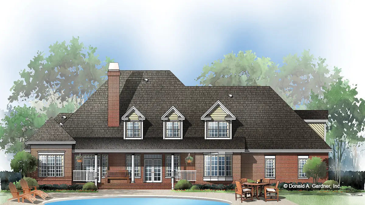 Rear view illustration with a cover patio. The Wellingley plan 943.