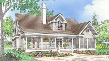 This is an illustration of the rear of farmhouse house plan 380 The Wellington