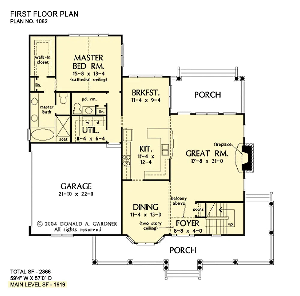 first floor layout with a large front porch, a formal dining area to the front, a great room, breakfast nook and kitchen to the right and the master suite and garage to the left