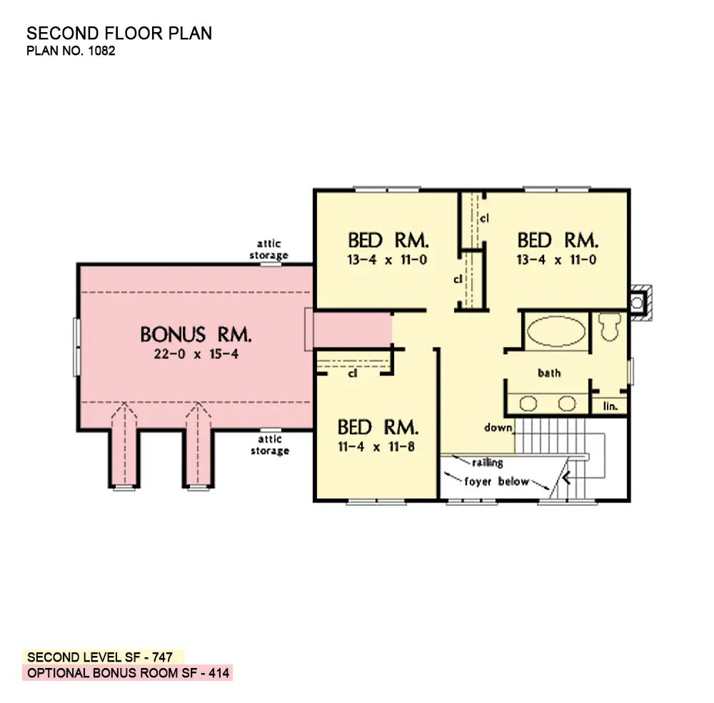 second floor layout with 3 bedrooms, 1 baths and a large bonus room with dormer windows and access to the attic area